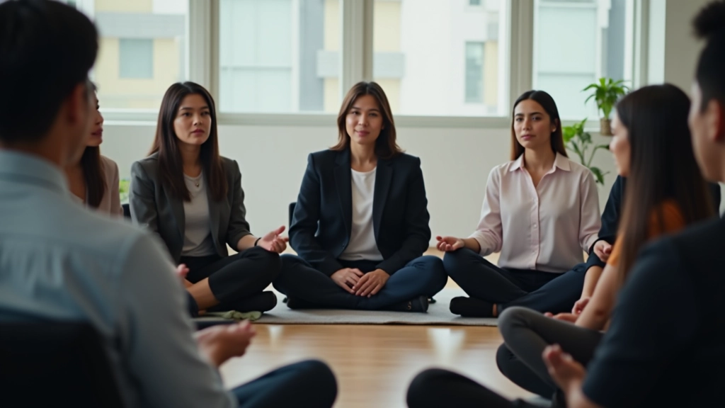 Group of employees learning diaphragmatic breathing in corporate training session