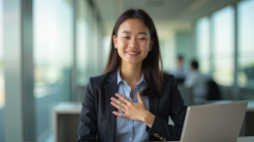 Professional woman at desk practicing breathing technique during work break