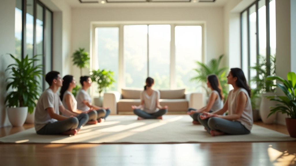 Modern training or workshop space with comfortable seating and natural lighting for relaxation classes