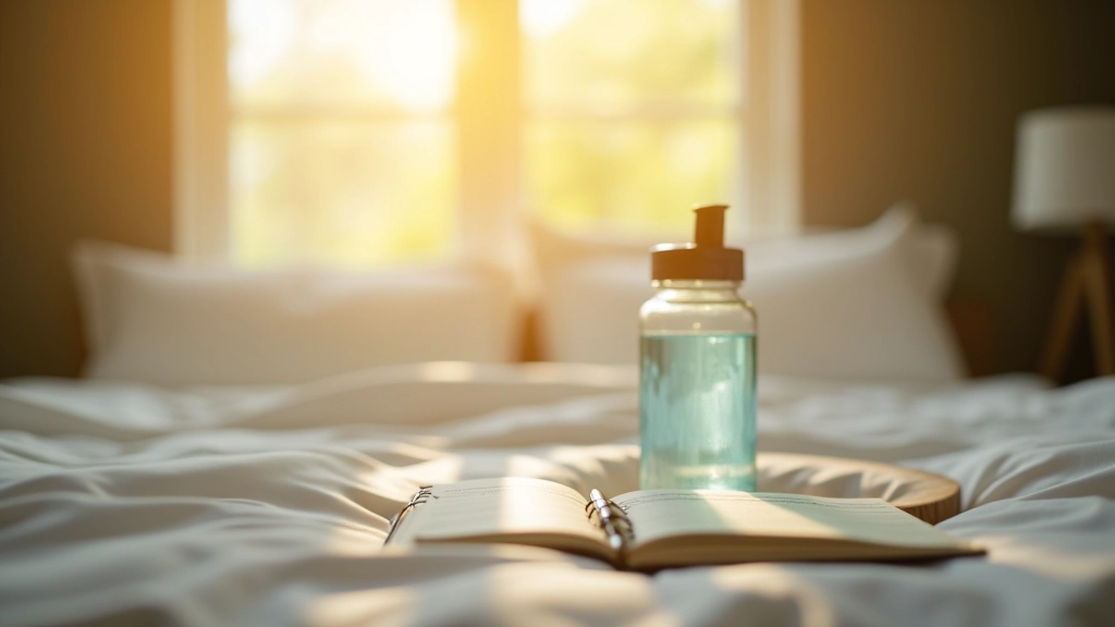 Morning routine with notepad, water bottle, and natural window light in bedroom