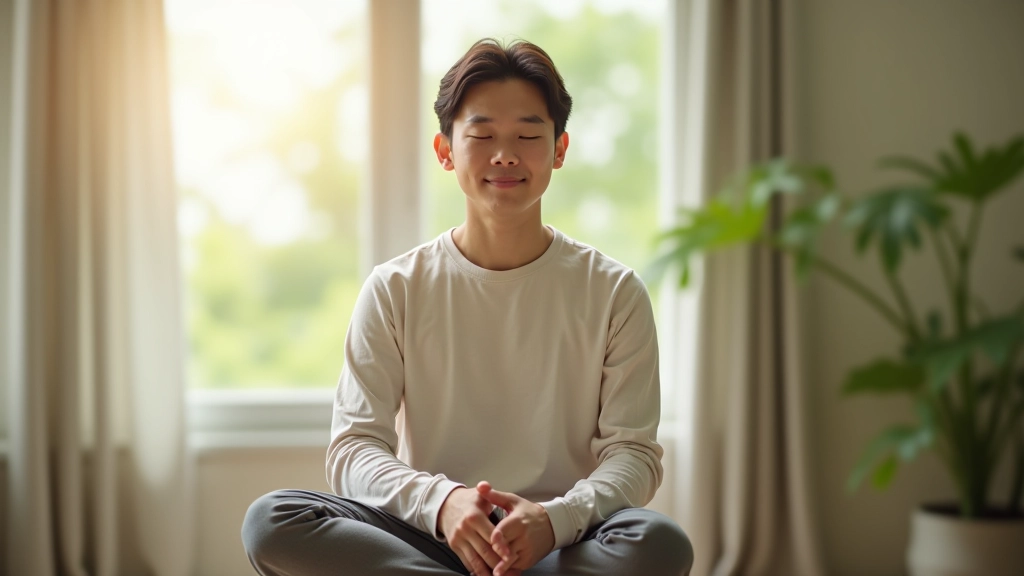 Morning routine scene with person in comfortable clothing near a window with natural light, peaceful setting