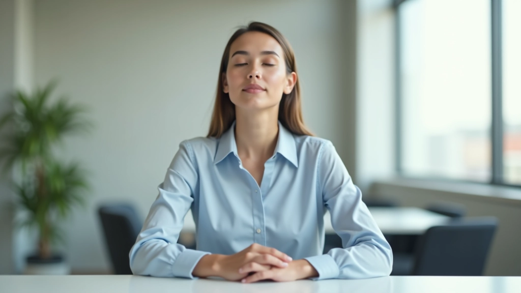 Serene workspace with person practicing breathing technique at desk during work break