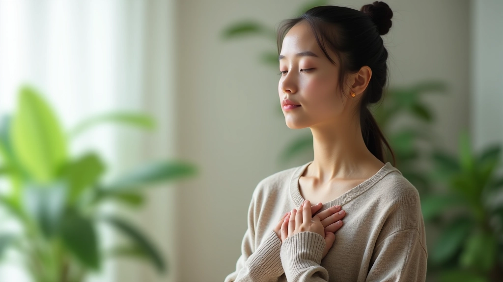 Mindful person practicing breathing with hand on chest, centered pose, calm environment with plants