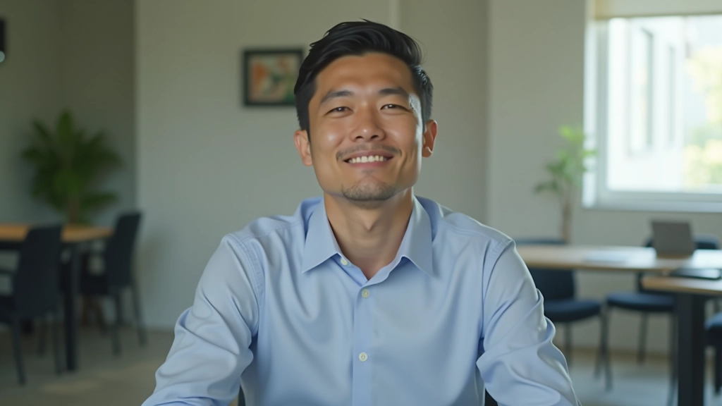 Person in business casual clothing sitting calmly at desk during work break, peaceful demeanor, afternoon light through window