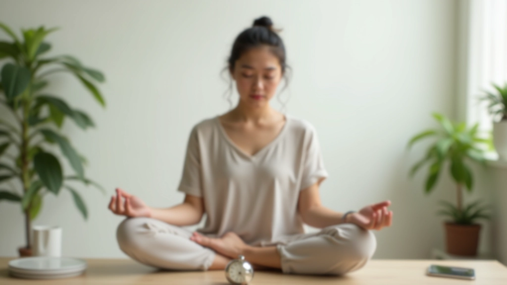 Timer showing five minutes with person meditating, minimalist desk workspace