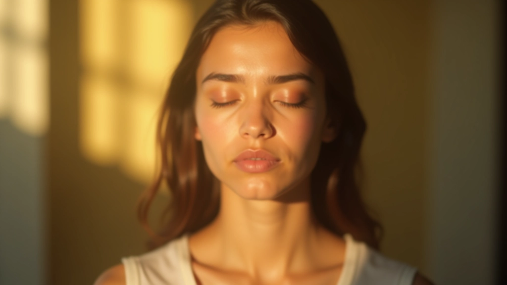 Person with eyes closed, peaceful expression, natural sunlight on face indoors