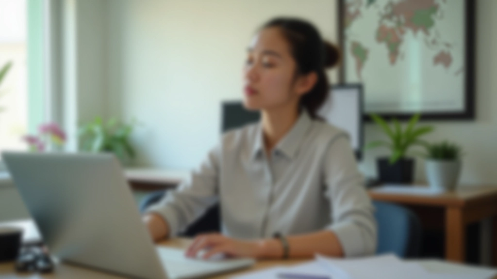 Person practicing box breathing technique at desk during work break, calm and focused expression, office environment with natural light