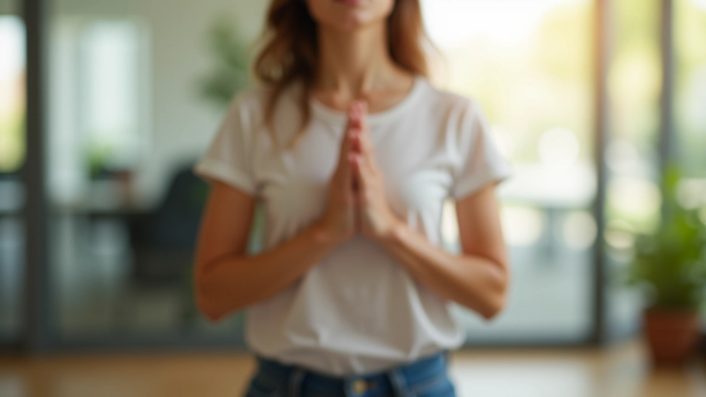 Person practicing diaphragmatic breathing in a calm office environment with natural light