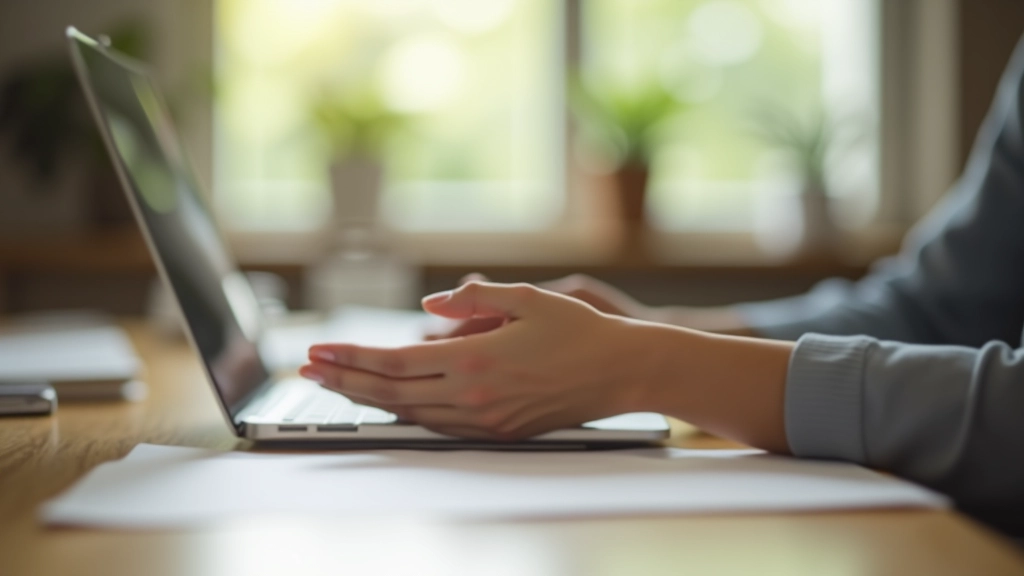 Close-up of person's hands resting on desk during breathing exercise, relaxed posture, natural office lighting