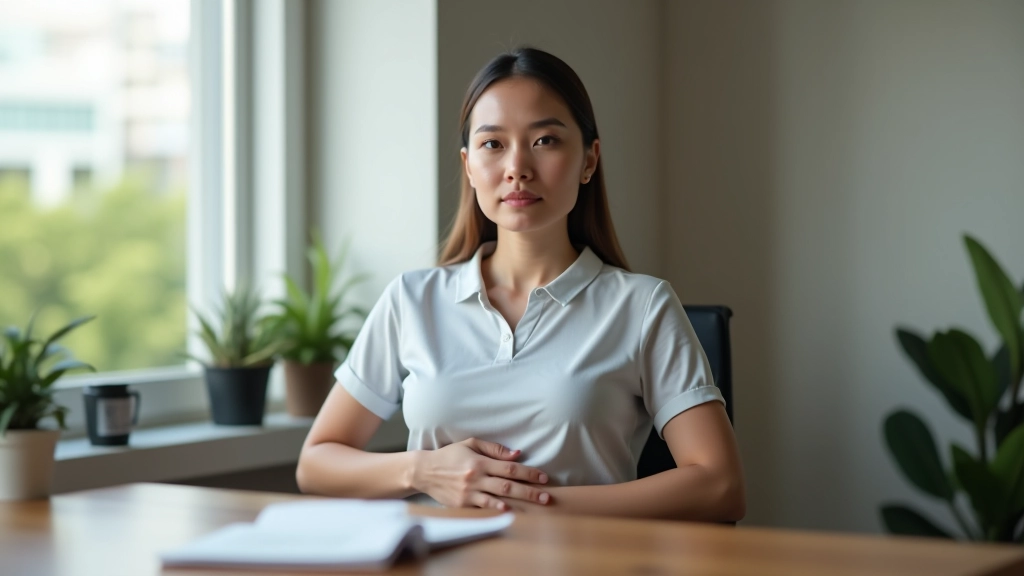 Person sitting at desk demonstrating proper posture for diaphragmatic breathing practice