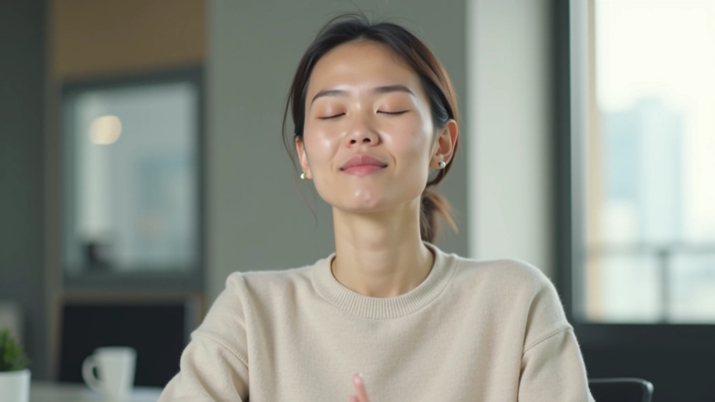 Woman sitting at office desk with eyes closed, practicing breathing exercise, serene expression, modern workspace